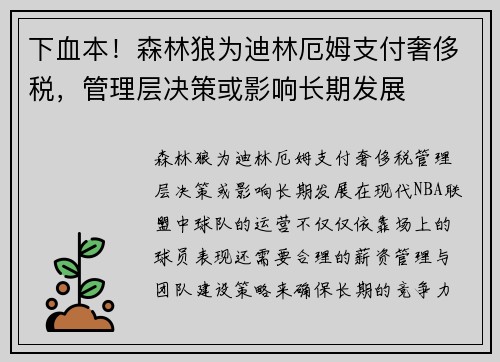 下血本！森林狼为迪林厄姆支付奢侈税，管理层决策或影响长期发展